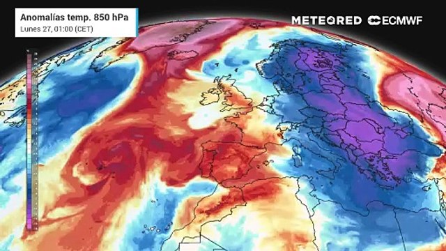 Anomalías previstas de temperaturas en 850 hPa