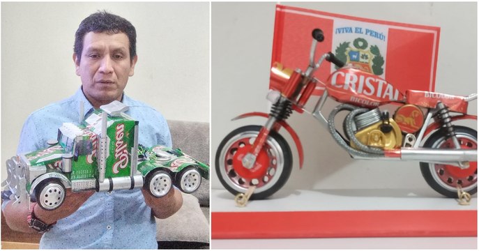 Chimbotano convierte latas de bebidas en autos y motos