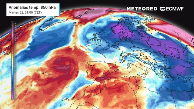 Anomalías previstas de temperaturas en 850 hPa