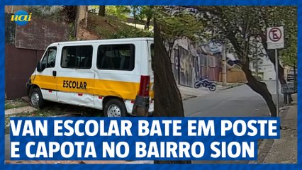 Van escolar bate em poste e capota no bairro Sion