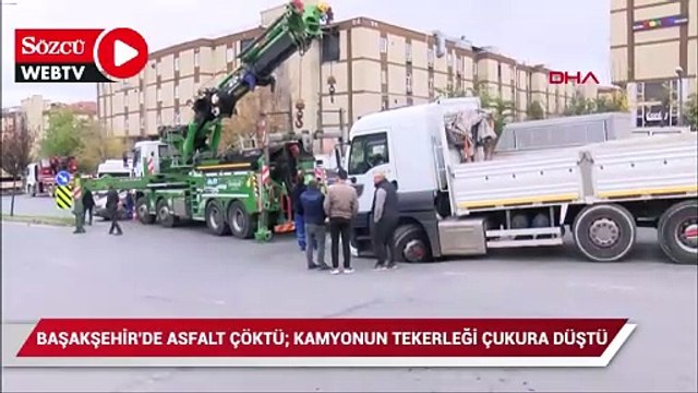 Başakşehir'de asfalt çöktü; kamyonun tekerleği çukura düştü