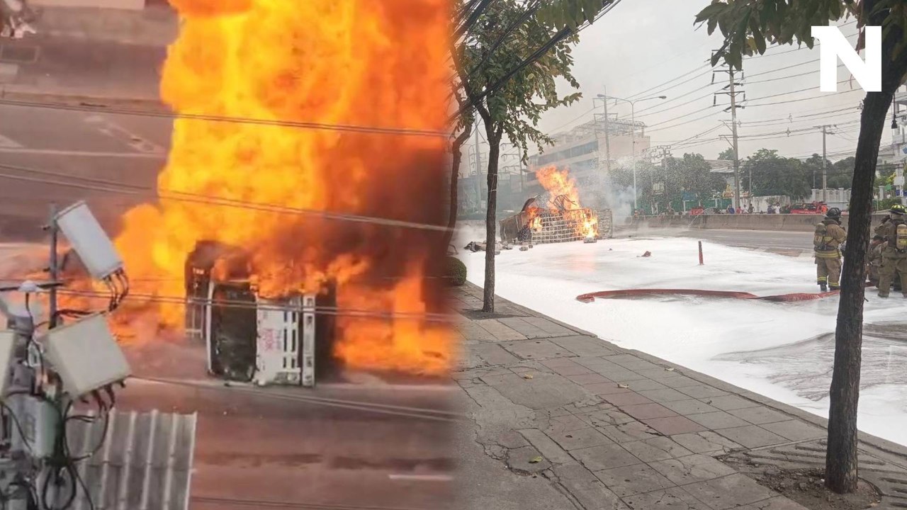 ระทึก! รถบรรทุกแก๊สพลิกคว่ำ เพลิงลุกไหม้ กลางถน...