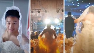 Hombre se viste de novia para sorprender a su mejor amigo en la boda