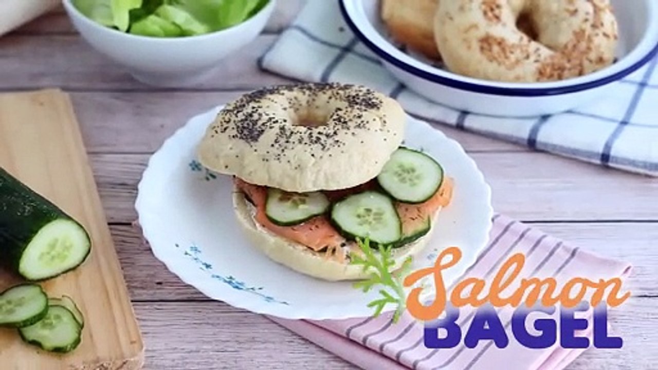 Salmon, cucumber, and cream cheese bagel