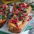 Vegan quinoa stuffed butternut squash with pomegranate