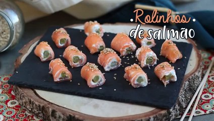 Rolinhos de salmão, queijo de cabra e aspargos