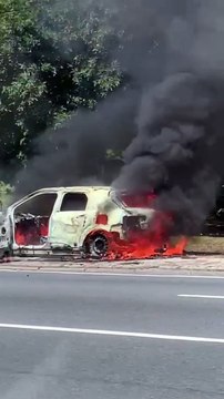 Carro fica destruído após pegar fogo na Avenida Paralela; veja vídeo