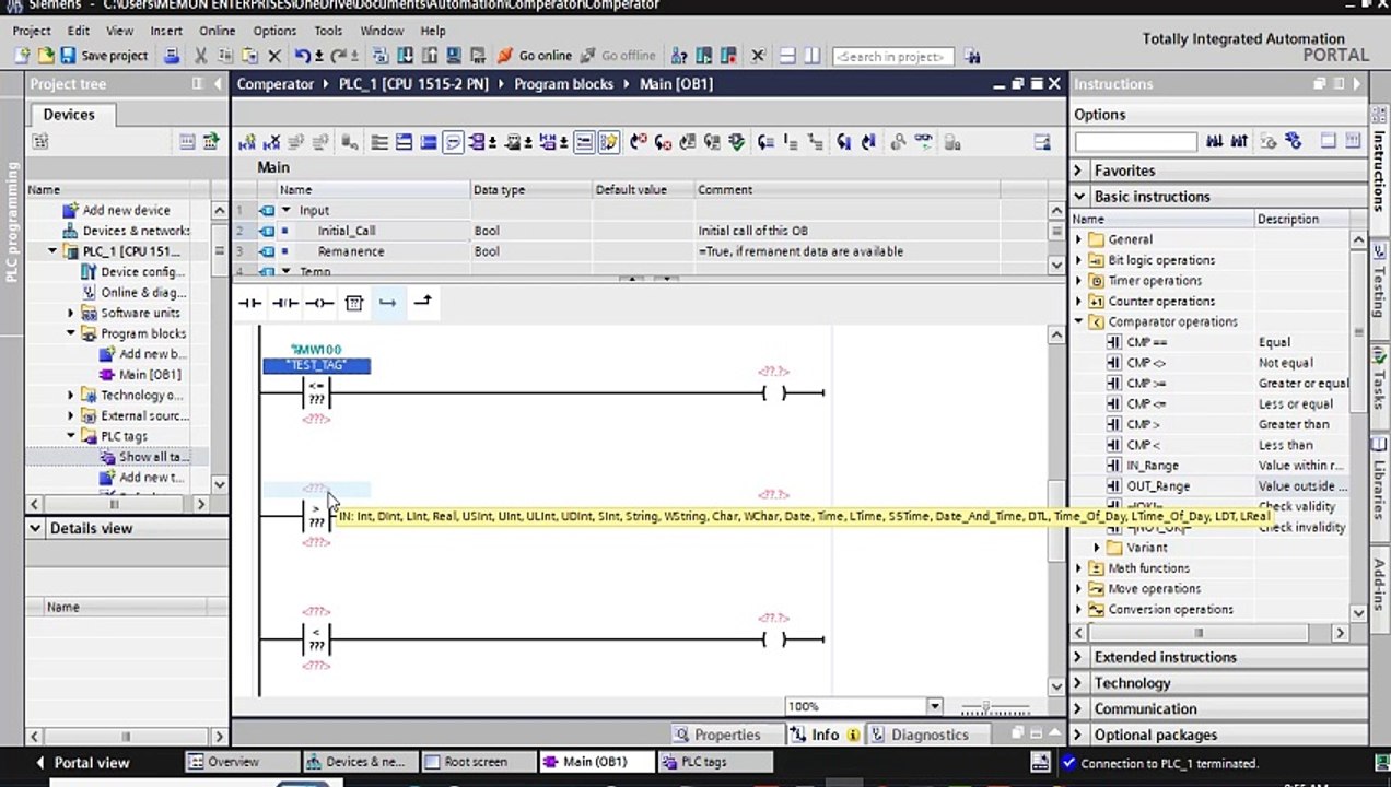 How to use Comparator function in TIA Portal(HINDI)- GT, GE, LT, LE, INRANGE, OUTRANGE