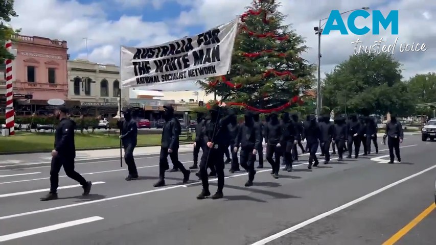 Victoria Police are investigating a neo-Nazi rally held in Ballarat on Eureka Day where up to 30 people were seen marching through the city chanting white supremacist slogans.