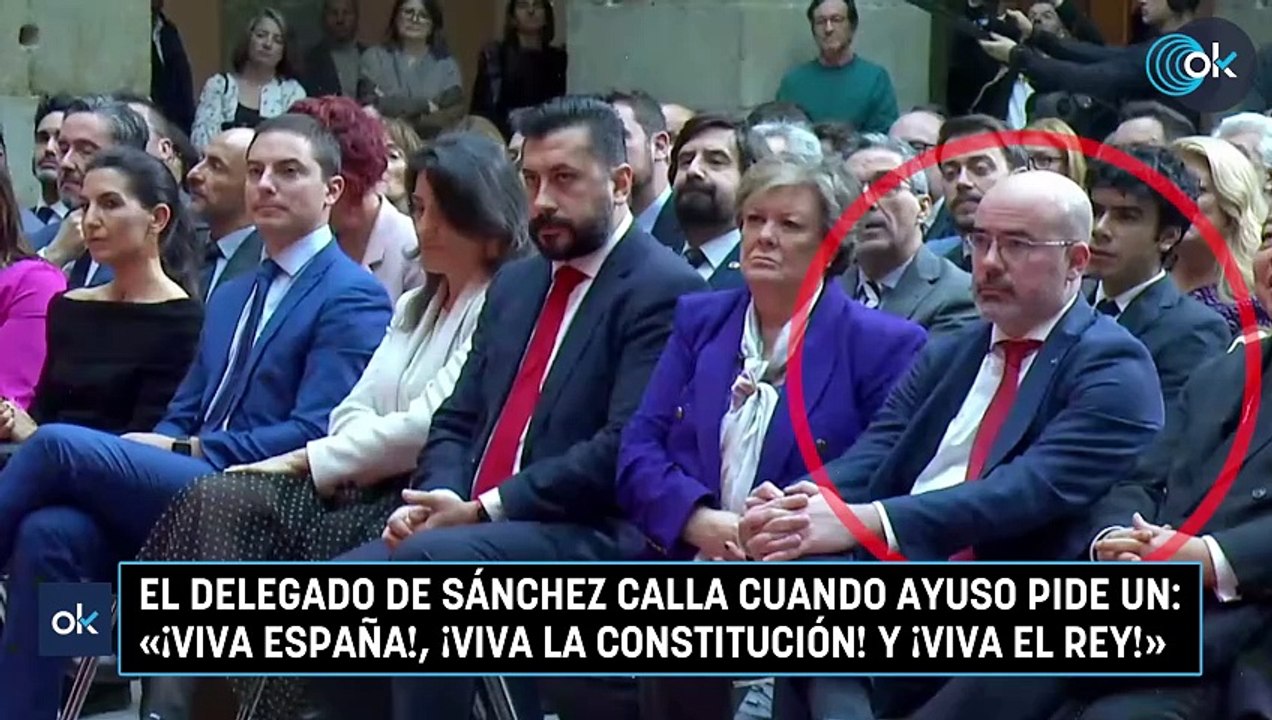 El delegado de Sánchez calla cuando Ayuso pide un: «¡Viva España!, ¡Viva la Constitución! y ¡Viva el Rey!»