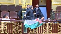 Así ha sido el momento en el que activistas han desplegado banderas palestinas en el Congreso durante la comparecencia de Albares