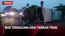 Ngebut di Bahu Jalan, Bus Terguling Usai Tabrak Truk di Tol Surabaya-Gempol