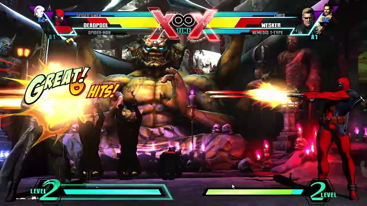 Spider-Man, Deadpool, Spider Gwen vs Chis, Nemesis, Wesker