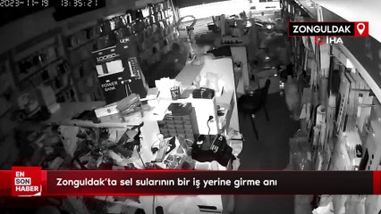 Zonguldak'ta sel sularının bir iş yerine girme anı