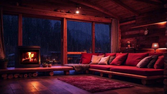 Cozy Hut Ambience - Fireplace & Rain and Thunder Sounds ⛈️ for Sleeping Studying Relaxing