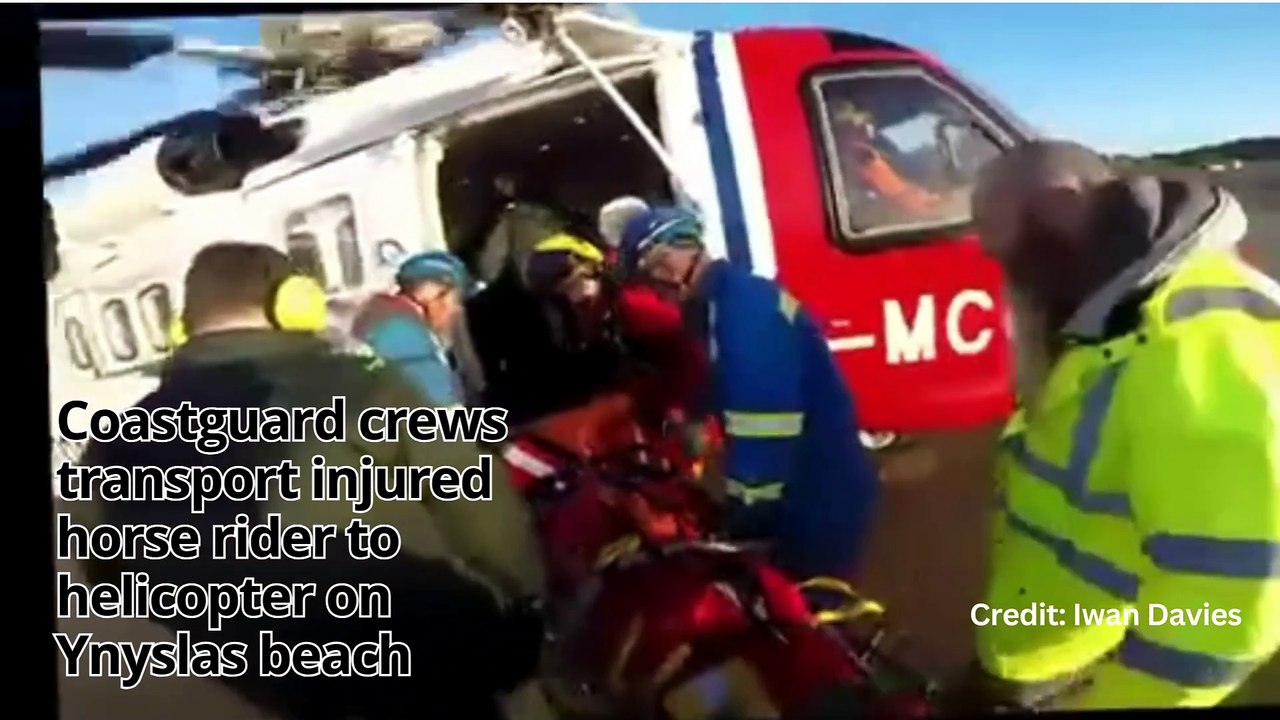 Coastguard crews transport injured horse rider to helicopter on Ynyslas Beach near Aberystwyth