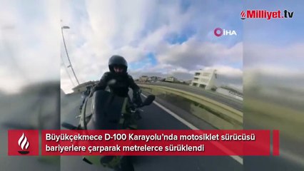 Bariyerlere çarpan motosiklet sürücüsü kamerada