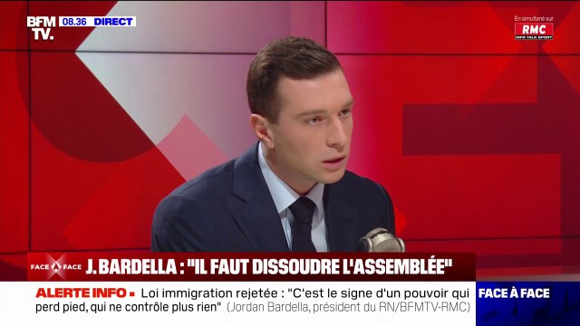 Après le rejet de la loi immigration, Jordan Bardella appelle à la dissolution de l'Assemblée nationale et à la démission de Gérald Darmanin
