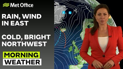 Met Office Morning Weather Forecast 13/12/23 - Rain in east, brighter west and north.