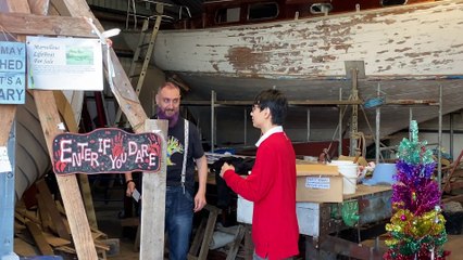 Christmas comedy sketch at West Wales Maritime Society boatyard, Pembroke Dock