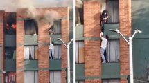 En video: joven arriesgó su vida para salvar a vecina y su mascota de incendio en un quinto piso