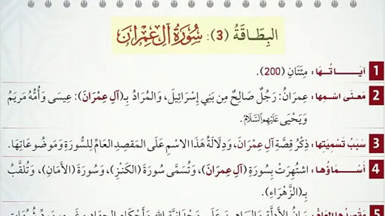 البطاقة (3): سُورَةُ آلِ عِمۡرَانَ
