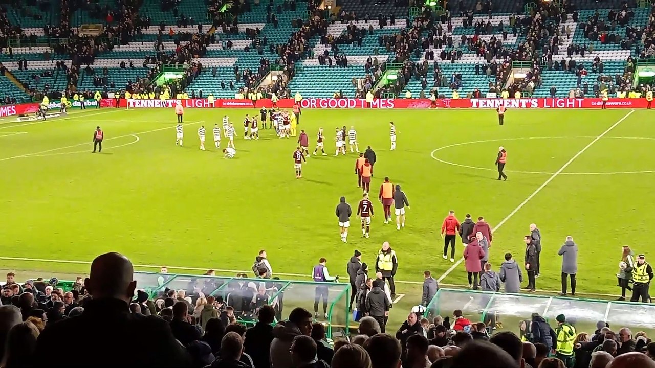 Hearts celebrate at Celtic Park