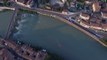 Aerial drone footage of Ponte Pietra Bridge in Verona.