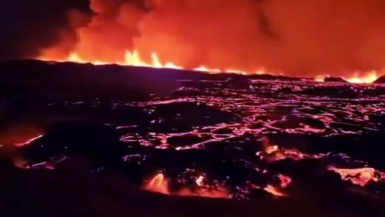 Volcano erupts in Iceland - Aerial footage