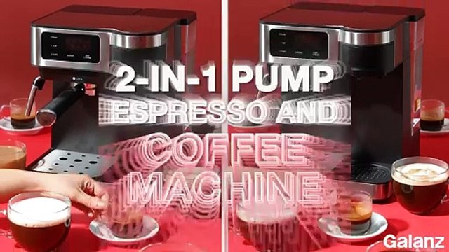 Galanz 2-in-1 Pump Espresso Machine & Single Serve Coffee Maker with Milk Frother, Latte, & Cappuccino Machine, 1.2L Removable Water Tank, LED Display Touch Control, Black with Stainless Steel Trim- Ho