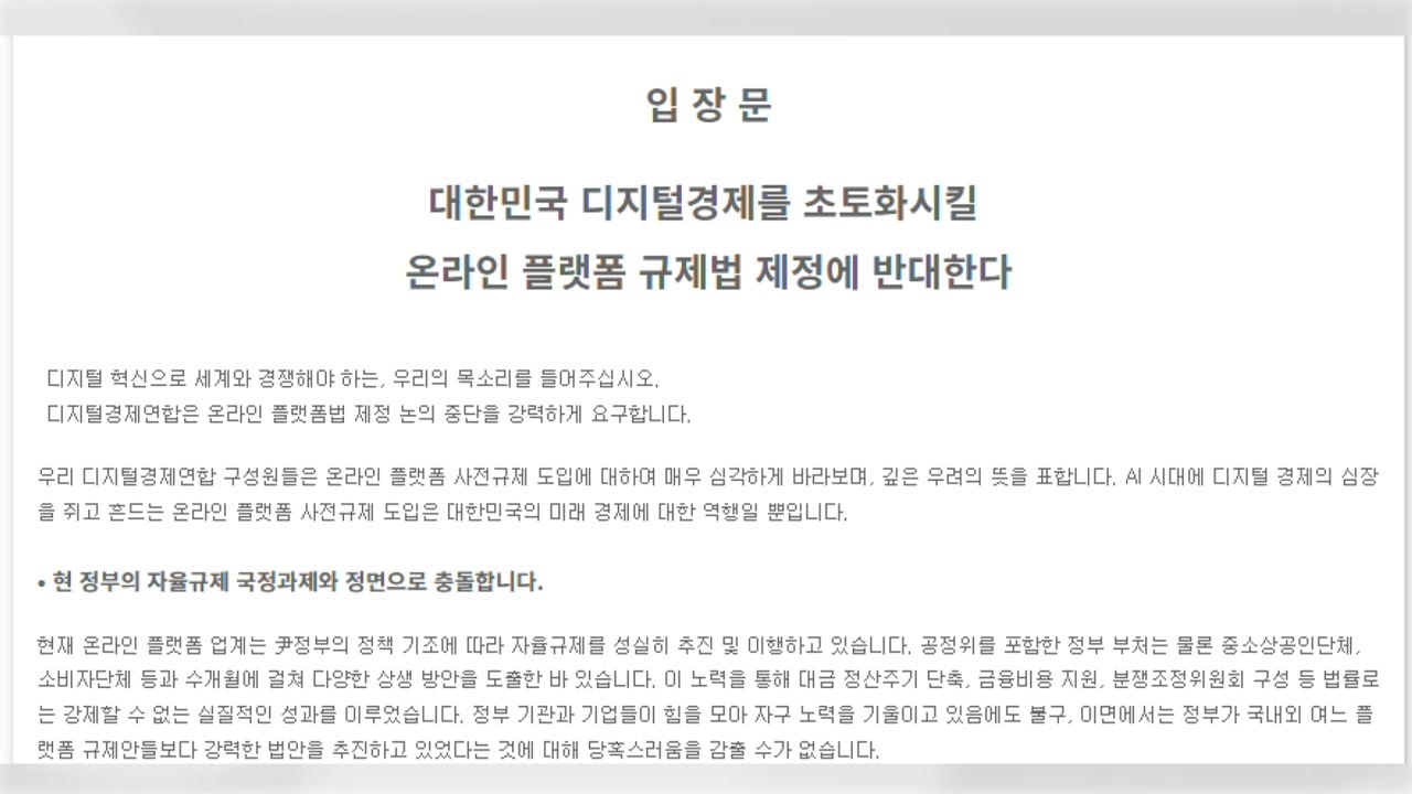 플랫폼 업계 "플랫폼법, 대한민국 디지털 경제 초토화" / YTN