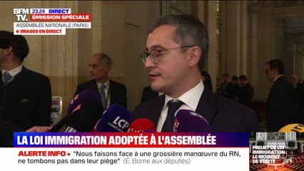 Gérald Darmanin dit se satisfaire de l'adoption de la loi immigration "sans les voix du Rassemblement national"
