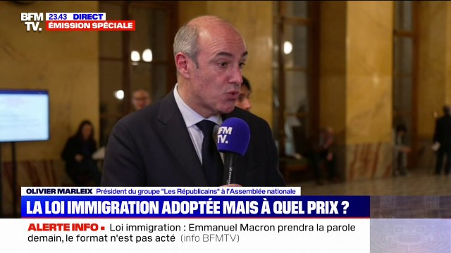 Loi immigration: Ce texte est l'échec du en même temps, on ne peut pas faire voter un texte de droite au Sénat et le défaire avec la gauche à l'Assemblée nationale , réagit Olivier Marleix (président du groupe LR)