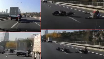 TEM'de kamyonetin bariyerlere sıkıştırdığı motosikletli ölümden döndü