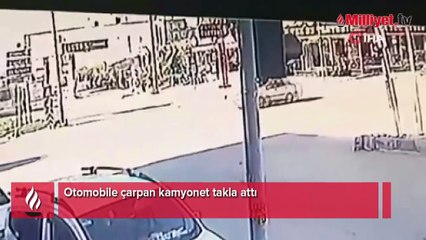 Otomobile çarpan kamyonet takla attı