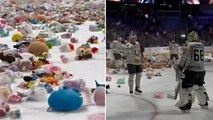 Thousands of stuffed animals rain on ice hockey players in annual teddy bear toss
