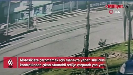 Refüje çarpan otomobil yan yatarak sürüklendi