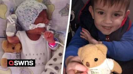 "My 1lb 8oz baby was born the same size as a teddy bear - he's made a miracle recovery and now dwarfs his toy"