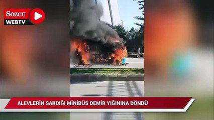 Mersin'de alevlerin sardığı minibüs demir yığınına döndü