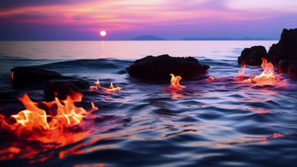 Fuego ardiendo sobre la superficie del océano - Sonido relajante