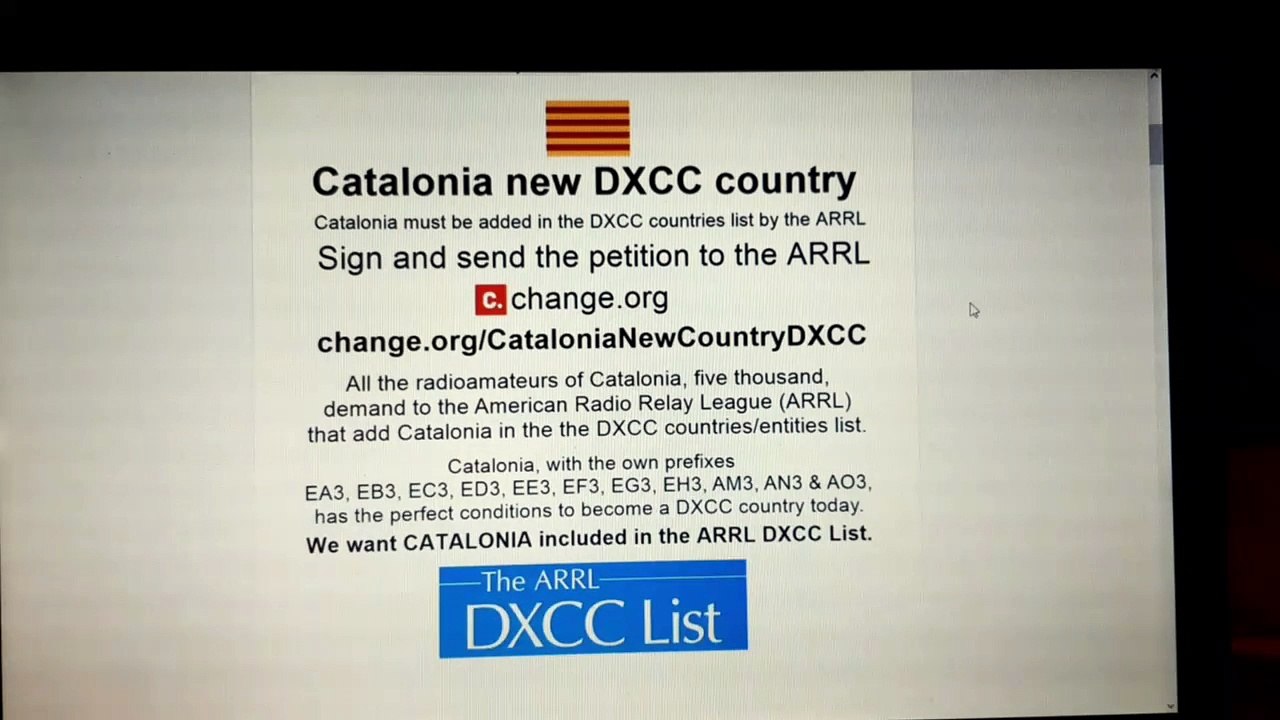 Catalonia must be added in the DXCC countries/entities list by the American Radio Relay League (ARRL).