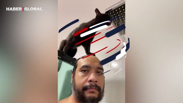 Duş alan sahibini asla yalnız bırakmayan kedi kahkahaya boğdu: ''Suları içmeden duramadı''