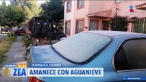 Bajas temperaturas en Ixtapaluca dejan una capa de aguanieve