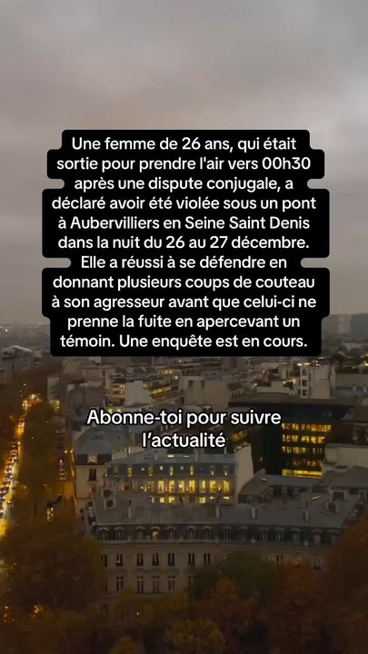 Une femme de 26 ans, qui était sortie pour prendre l'air vers 00h30 après une dispute conjugale, a déclaré avoir été violée sous un pont à Aubervilliers en Seine Saint Denis dans la nuit du 26 au 27 décembre.
