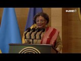 Barbados Prime Minister Mia Amor Mottley addresses the press in Kigali