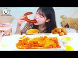 ASMR MUKBANG| Fire spicy ROSE Flat noodles, ROSE Tteokbokki, Cheese Ball, Kielbasa Sausage
