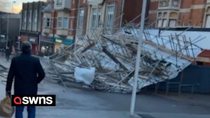 Terrifying moment Storm Henk pulls down scaffolding in Sutton, South London