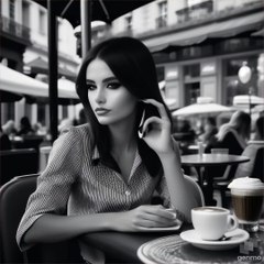 AI Model drinks coffee in an bar