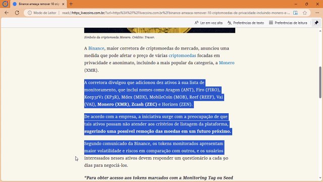 Binance ameaça remover 10 criptomoedas de privacidade, incluindo Monero e Zcash