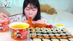 ASMR MUKBANG| Fire sticky noodles&Various Gimbap(Spam Musubi, Cheese Gimbap), Seasoned Chicken.